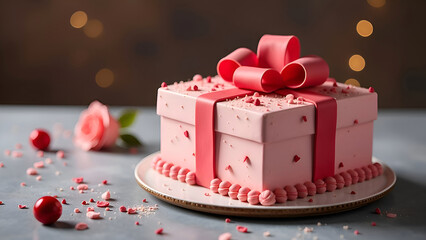Cake piece, pink gift box with strawberries. Red bow. 
Appetizing bisque with cream. Sweet gift on dark background, blurred. Berry pie dessert on a grey plate. View present. Copy space.