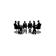 Silhouette of six people sitting around a table in a meeting or discussion setting