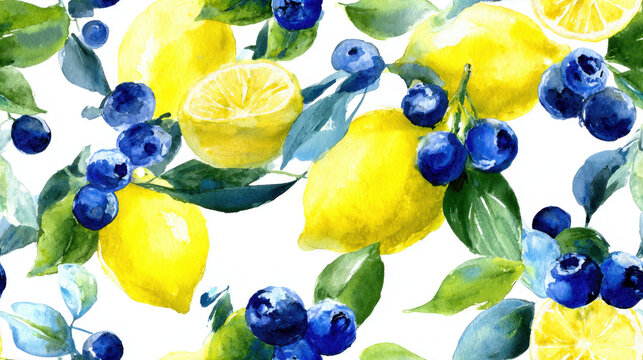 Watercolor artwork of lemons and blueberries, vibrant yellows and blues, summer fruit contrast design [with copy space]