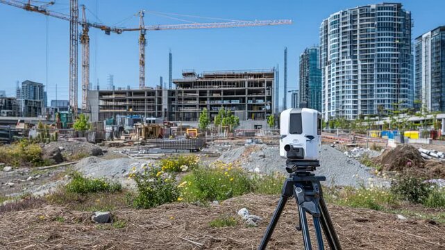 A 52Precision 3D laser scanner captures site measurements amidst high-rise construction with steel rebar, scaffolding, and tower cranes.