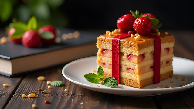 Cake piece, gift box with strawberries. Red bow. 
Appetizing bisque with pieces of berries. Sweet gift on dark wooden background, blurred. Berry pie dessert on a grey plate. View present. Copy space.