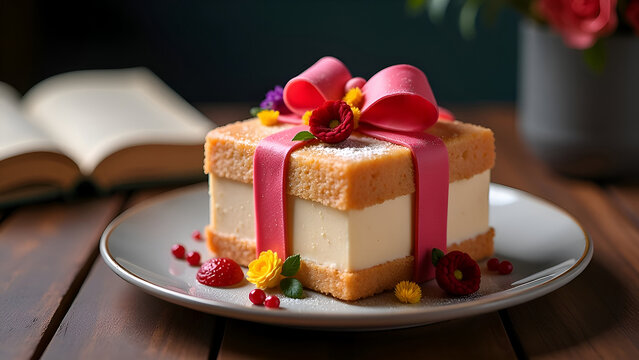 Cake piece, gift box with strawberries. Red bow. 
Appetizing bisque with pieces of berries. Sweet gift on dark wooden background, blurred. Berry pie dessert on a grey plate. View present. Copy space.
