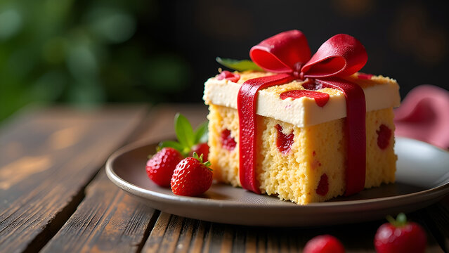 Cake piece, gift box with strawberries. Red bow. 
Appetizing bisque with pieces of berries. Sweet gift on dark wooden background, blurred. Berry pie dessert on a grey plate. View present. Copy space.