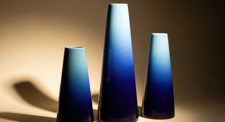 Three tall gradient blue glass vases with subtle lighting