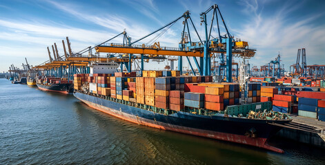 Fototapeta premium Industrial Cargo Ship At Port Terminal With Cranes Loading Shipping Containers For Global Trade