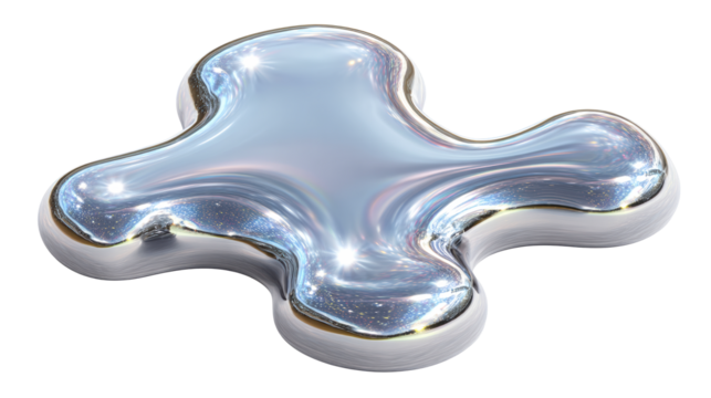 Sleek metallic blob with reflective surface on transparent background