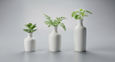 Three white vases with green plants on a gray surface
