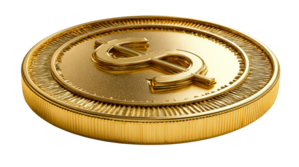 Golden coin with dollar sign on transparent background