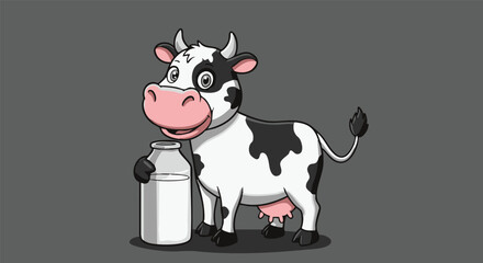 Happy Cartoon Cow with Milk Bottle