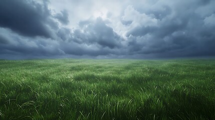 Obraz premium green grassy field under cloudy storm sky 