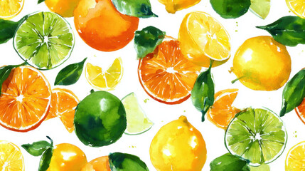 Watercolor illustration of citrus medley with lemons, limes, oranges in yellow, green and orange, fresh ingredient pattern [with copy space]
