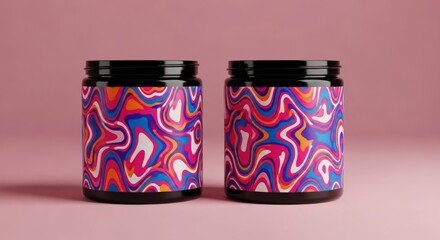 Two jars with psychedelic swirl pattern on pink background