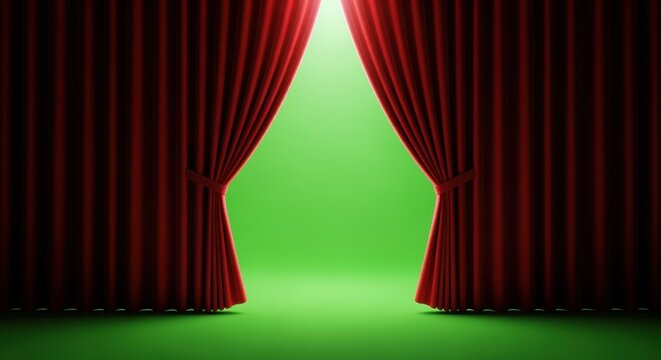 Spotlight on red theater curtains pulling apart unveiling seamless green digital background.