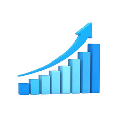 3D bar graph ascending with blue arrow indicating positive growth in statistics chart