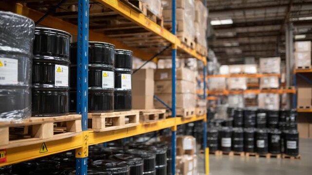 Explore best practices in hazardous chemical storage with multi-tiered shelving, clear warning labels, and secure containment solutions.