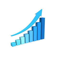 Rising blue bar chart with blue arrow showing upward financial growth on black background