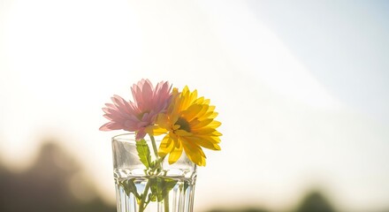 A clear glass vase holding a pink and yellow flower with a bright background on a sunny day outside