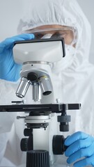 Male virologist in a hazmat suit, mask, and blue gloves, diligently working at a microscope in a...