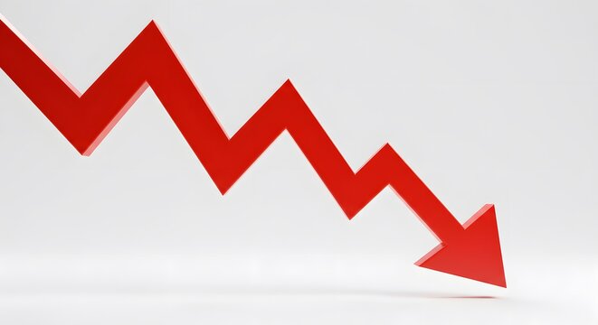 A bold red arrow zigzags downwards, symbolizing a sharp decline in financial markets or economic performance, isolated on a clean white background