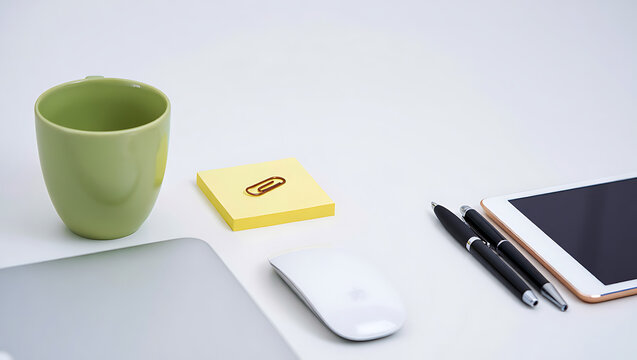 A modern workspace setup featuring a laptop, computer mouse, green mug, yellow sticky note with a paperclip, tablet, and pens on a clean white background, perfect for business or creative tasks
