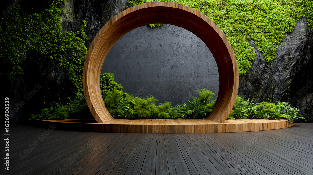 Fototapete 3d rendering of a wooden arch with a circular shape on a black wood floor background