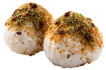 On transparent background two perfectly formed japanese onigiri rice balls are sprinkled with a savory