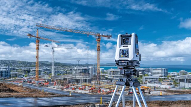 A cutting-edge surveying device on a tripod monitors city infrastructure growth, with fresh asphalt and a towering crane under a vibrant blue sky.