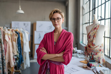 Confident female fashion designer standing in studio with arms crossed surrounded by sketches and colorful fabrics