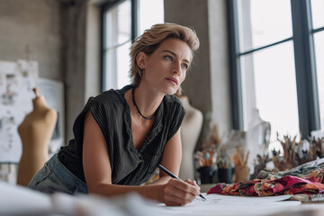 Creative fashion designer sketching ideas in a bright studio filled with art supplies and mannequins