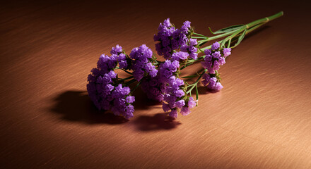 Fototapeta premium A sprig of purple Statice (Limonium) flowers under a dramatic spotlight on a rich, brushed copper surface. An elegant, moody still life symbolizing remembrance, sympathy, and success.