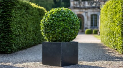 Formal Garden Pathway With Spherical Topiary In Square Stone Pot