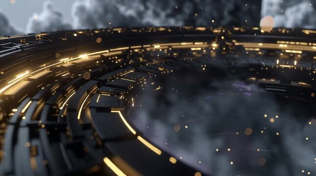  futuristic headphones inspired by ancient alien architecture, floating inside a temple made of light and stone, glyphs and circuits glowing along the headphones