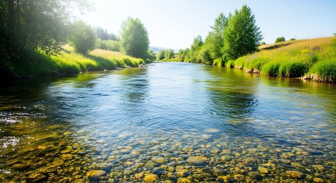A scenic view of a clear river flowing through a lush green landscape under a bright blue sky day