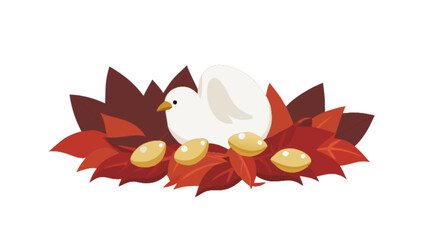 Obraz premium Dove bird nest with eggs and autumn leaves vector illustration for graphic design and decoration use