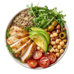 Colorful and healthy bowl.  Sliced chicken, quinoa, avocado, chickpeas, olives, almonds, and cherry tomatoes arranged in a white bowl.  Fresh greens complete the balanced meal