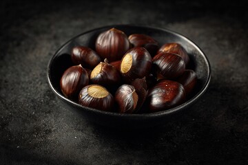 Obraz premium Dark bowl brimming with roasted chestnuts