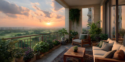 View from the balcony showcases a verdant golf course bathed in the warm glow of the sunset, creating a picturesque and serene atmosphere to enjoy.