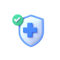 Fototapeta premium Blue shield icon with cross symbol and green checkmark for health safety illustration graphic