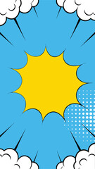 Comic Book Illustration: A vibrant pop art composition of dynamic elements, including a bright yellow burst at the center, framed by stylized clouds and radiating lines.