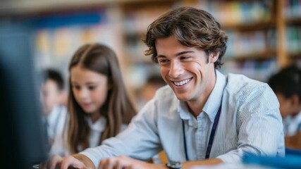 Engaged student typing as a teacher assists in a tech-equipped classroom with interactive whiteboards and resources for digital learning.
