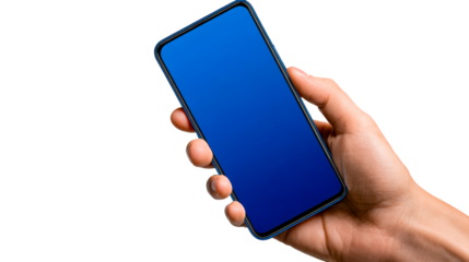 Hand holding a smartphone with blue screen on transparent background