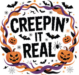 Halloween Creepy Vibes: Jack-o'-Lantern and Bat Design, Spooky Typography, Festive Autumn Colors.