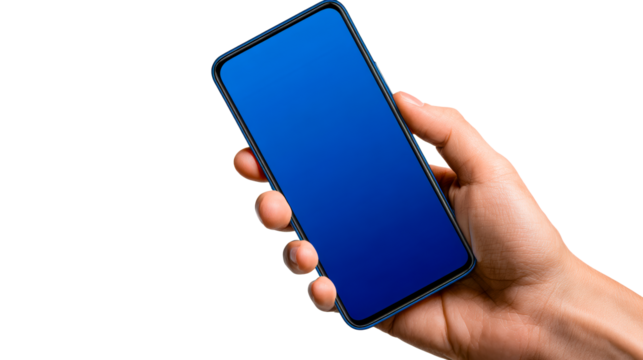 Hand holding a smartphone with blue screen on transparent background