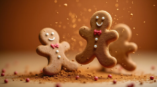 Composition dynamique d'une Famille de G&acirc;teaux en forme de bonhomme en pain d'&eacute;pice. Avec poudre de cannelle isol&eacute; sur fond marron studio. | Noel 