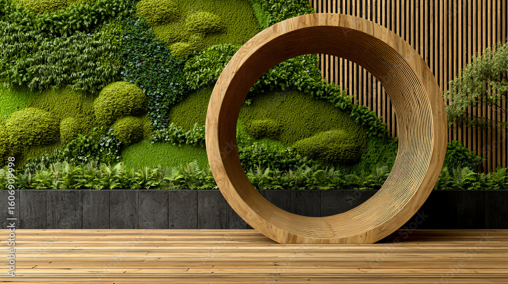 Fototapete 3d rendering of a wooden arch with a circular shape on a black wood floor background