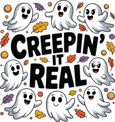 Fototapeta premium Playful Halloween Ghost Illustration: Autumn Leaves, Quirky Style, Spooky Fun