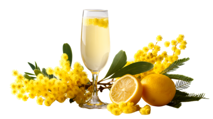 Refreshing lemon drink with vibrant flowers on a white background