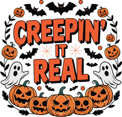 Halloween Spooky Cartoon Illustration: Creepy Pumpkins, Bats, and Ghosts; Playful, Festive Design.