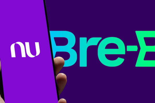 Mobile device with Nu Colombia logo over Bre-B background, digital banking linked to Bre-B key system in Colombia