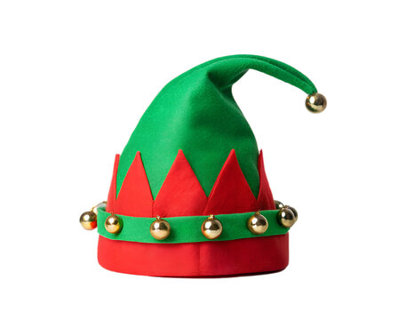 A green and red elf hat with gold bells isolated on transparent background